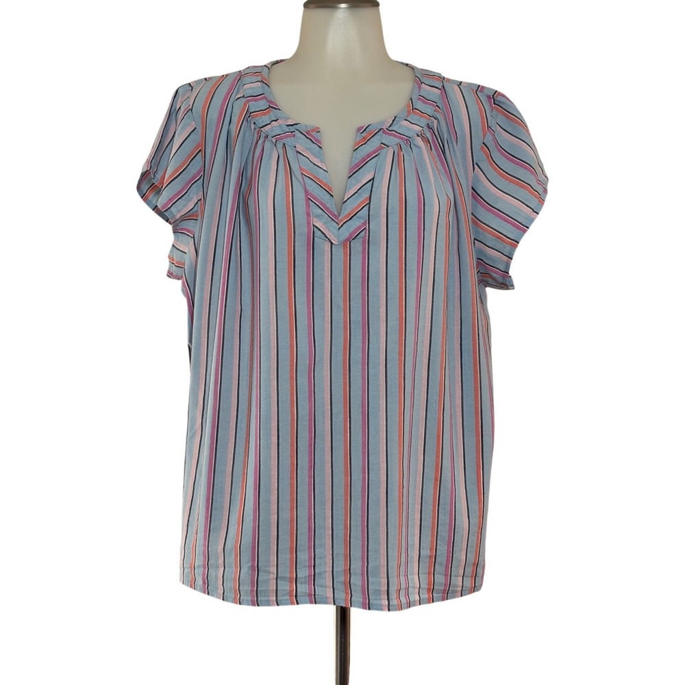 St. John's Bay Blouse Women PXL Blue Striped Split Neck Short Sleeve NWOT Nice!